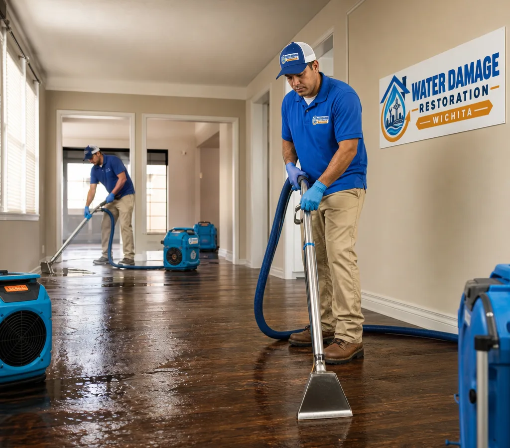 Technicians extracting water from a Wichita home with professional equipment and air movers
