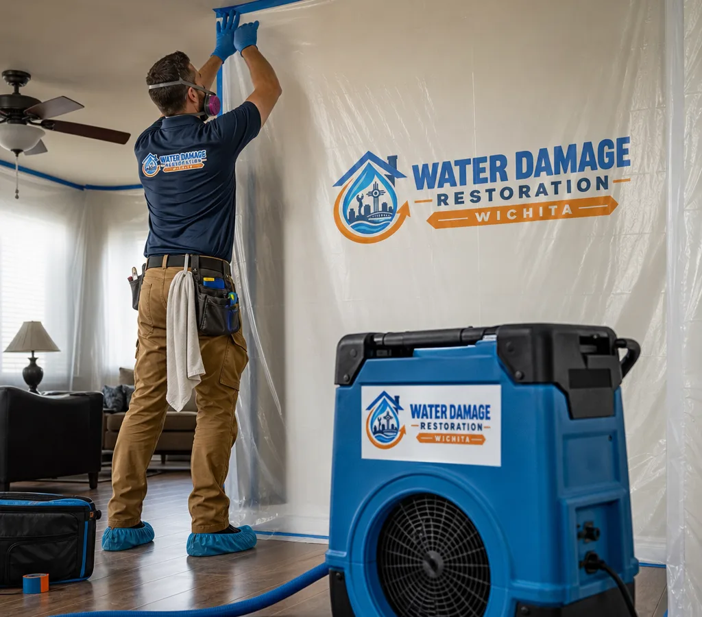 Technician setting up containment and a HEPA air scrubber in a Wichita home