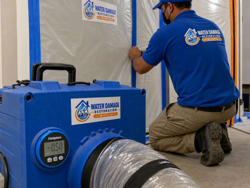 Negative air machine with ducting and a manometer in a contained room