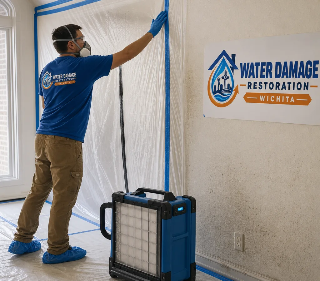 Technician in protective gear setting up containment and a HEPA air scrubber during mold removal in a Wichita home