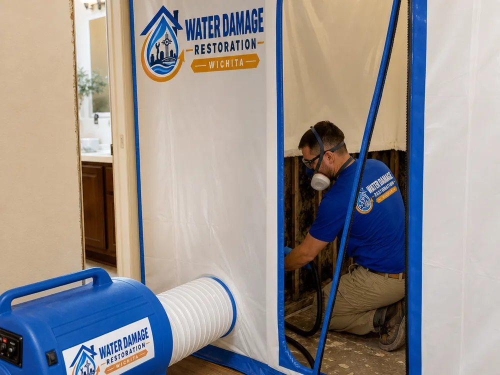 Contained mold work area with poly walls, zipper door, and a negative air machine exhausting through filtered ducting