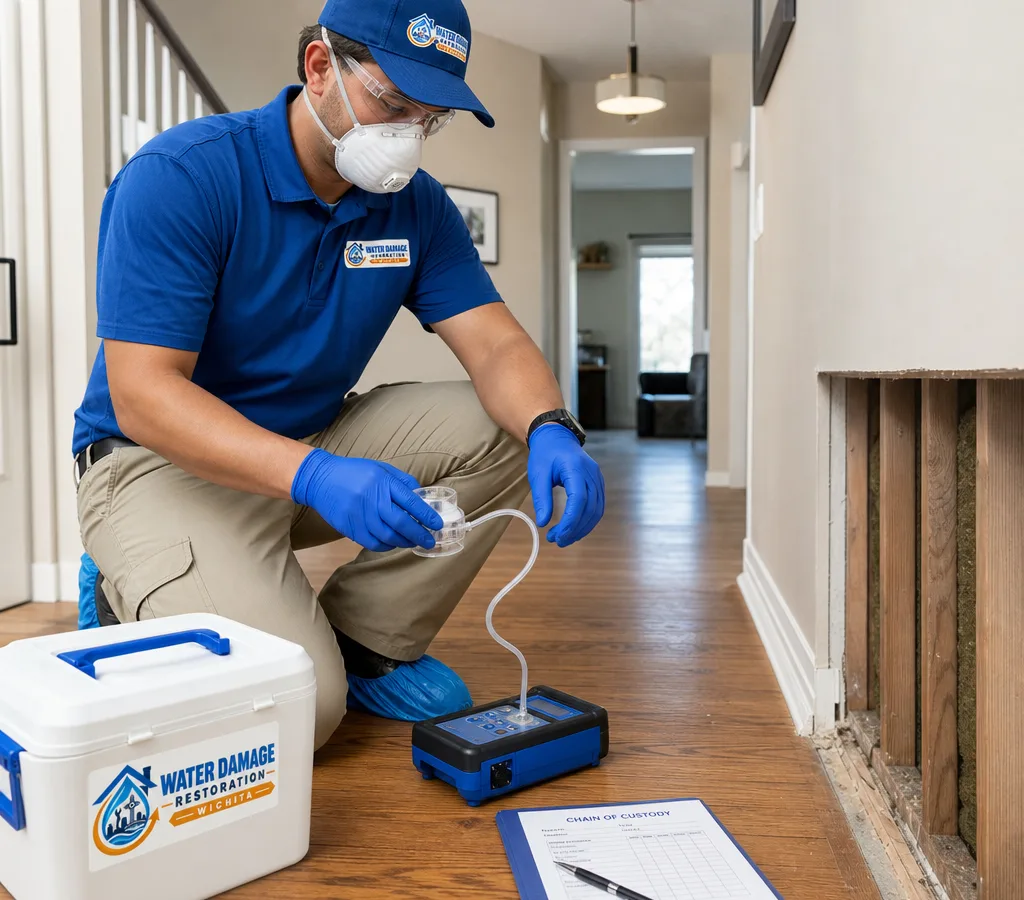 Inspector collecting an indoor air sample with a pump and cassette in a Wichita-area home