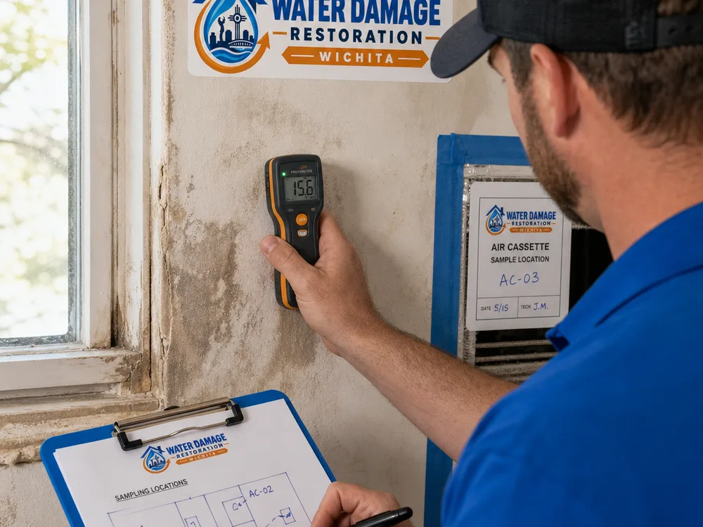 Inspector checking drywall with a moisture meter and labeling an air sampling cassette
