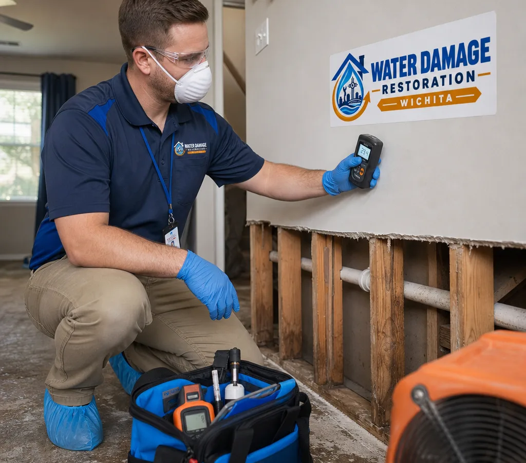 Inspector in protective gear taking moisture readings from a residential wall in a Wichita home