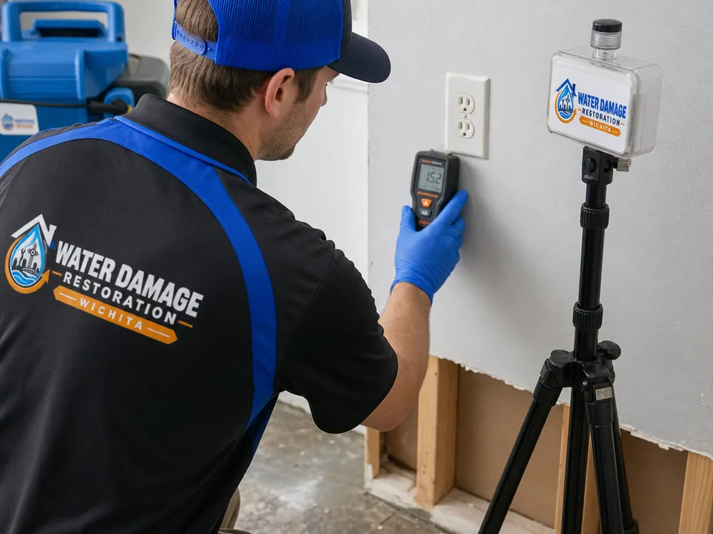 Technician taking a drywall moisture reading beside a residential air sampling cassette