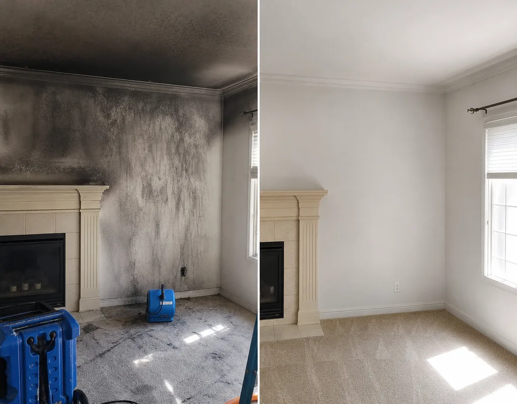Before-and-after view of smoke-stained walls and ceilings cleaned and prepared for repair