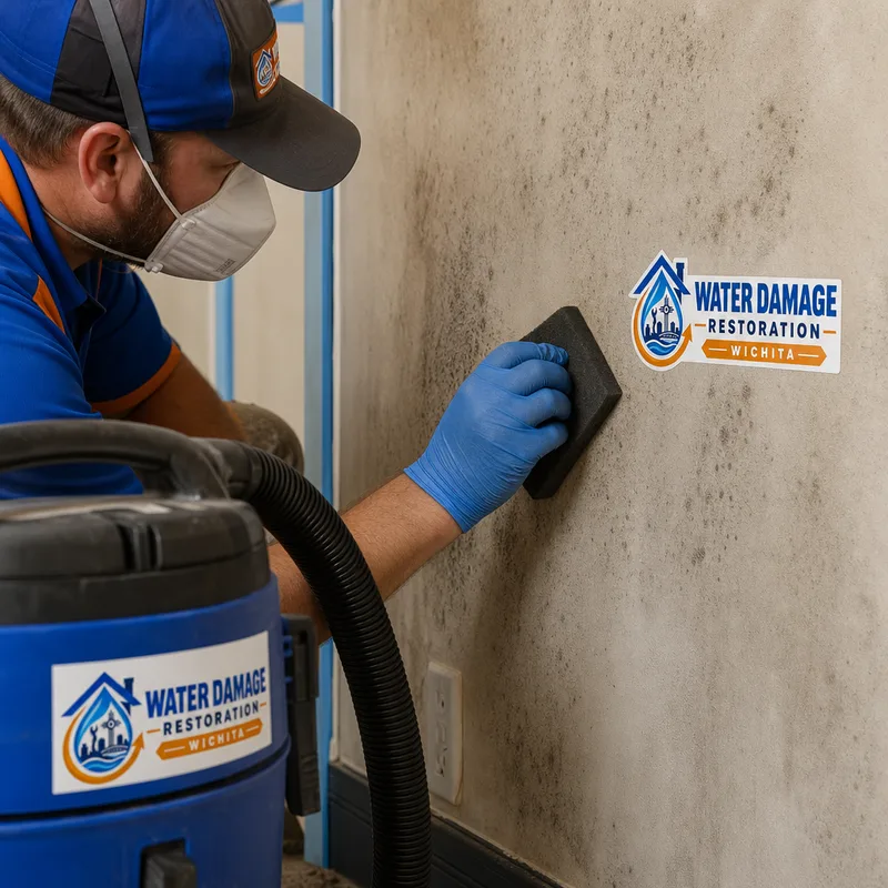 Technician using a soot sponge on a smoke-stained wall with a HEPA vacuum nearby