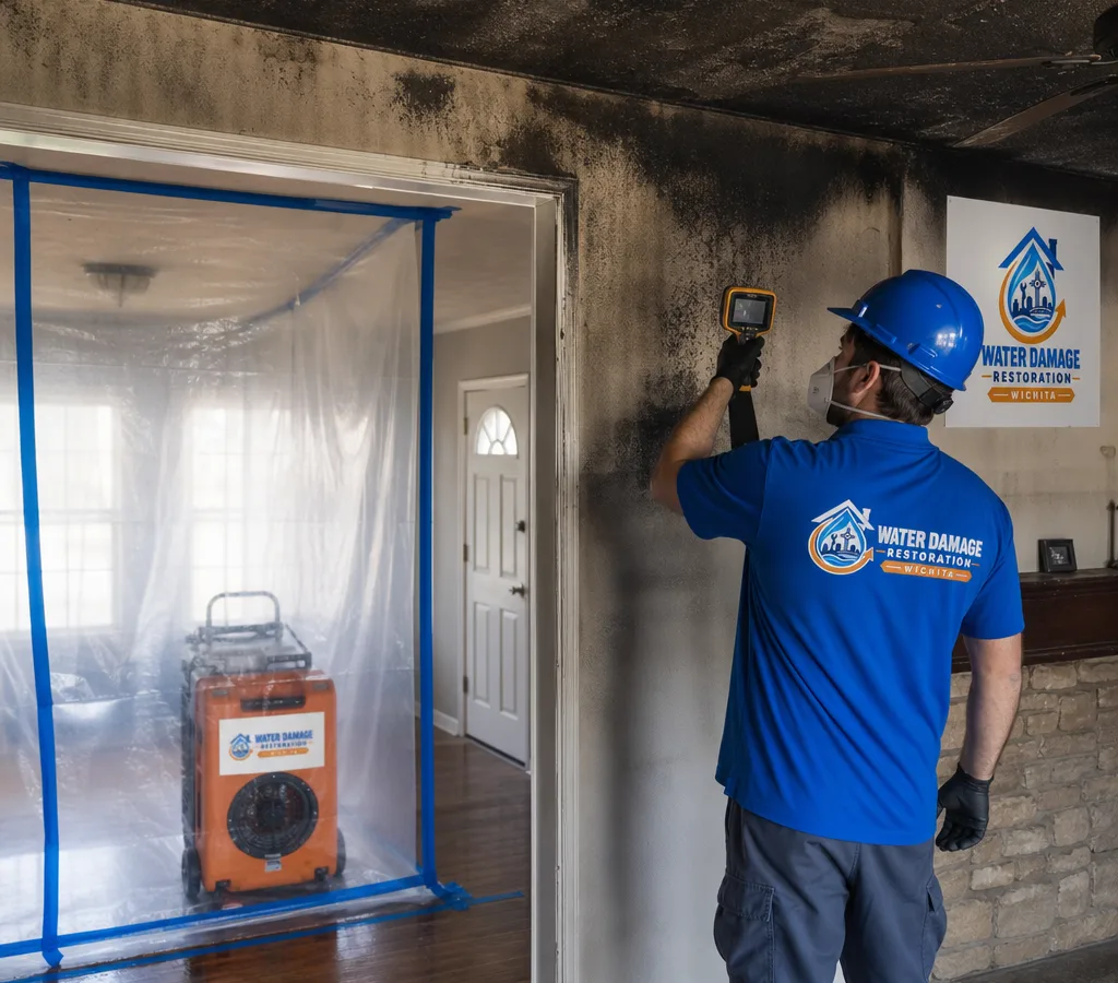 Technician in protective gear assessing soot and smoke damage with containment and an air scrubber in a Wichita home