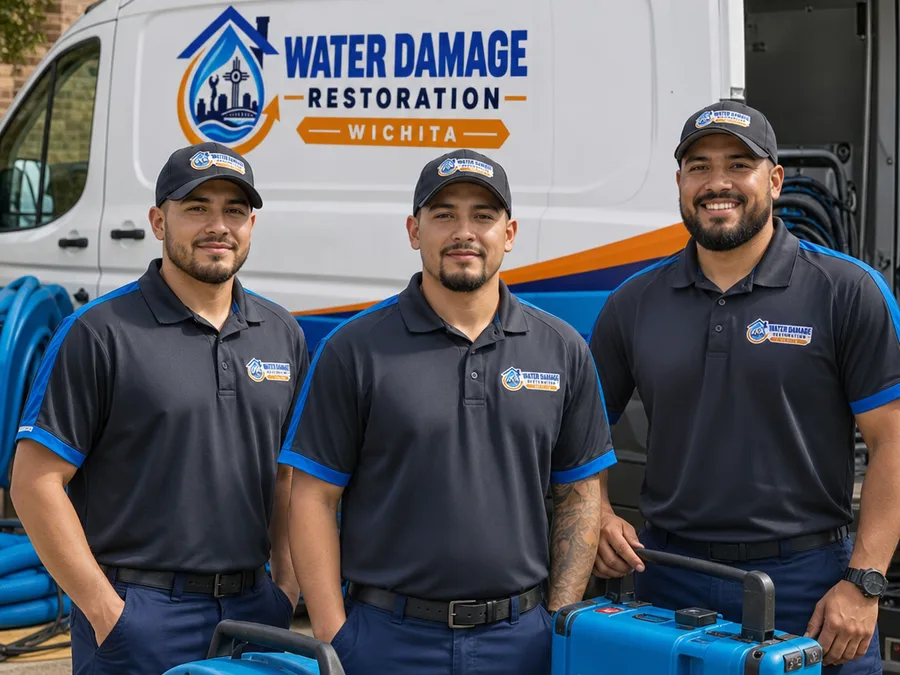 Uniformed Wichita restoration team beside a service vehicle with drying equipment