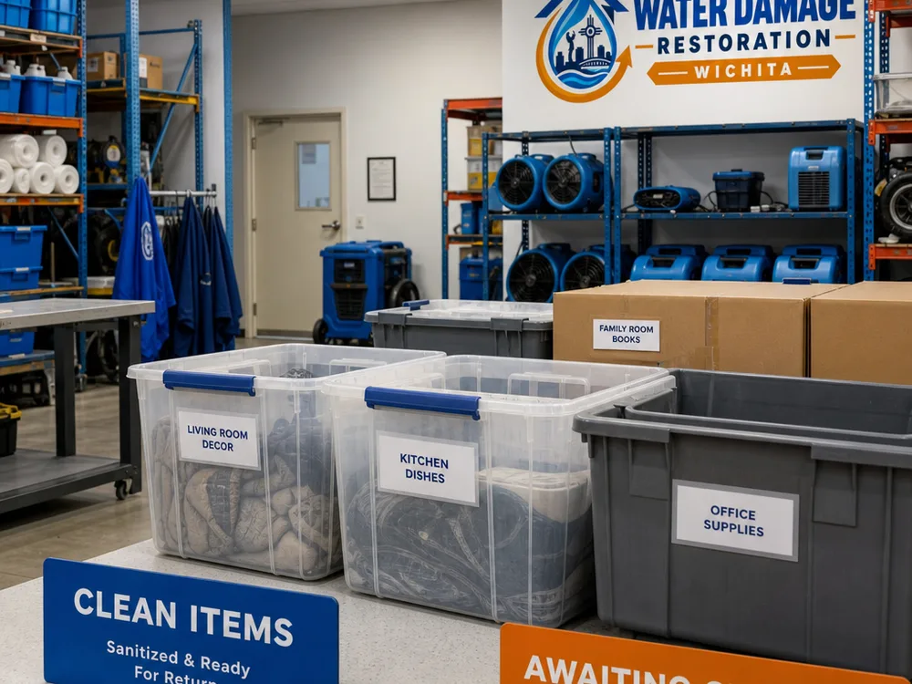 Organized restoration workspace with contents separated for cleaning after smoke exposure